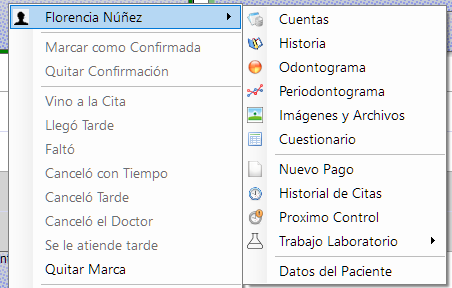 El menú de la cita: arriba el nombre del paciente y, desplegado a su derecha, el submenú con Cuentas, Historia, Odontograma, Periodontograma, Imágenes y Archivos, Cuestionario, Nuevo Pago, Historial de Citas, Proximo Control, Trabajo Laboratorio y Datos del Paciente.
