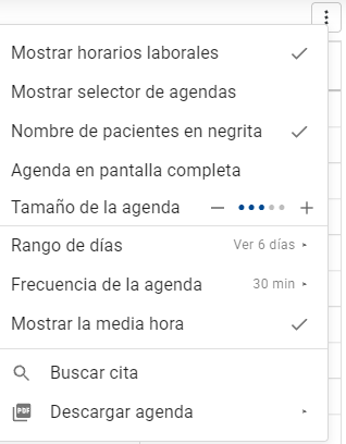 El menú ⋮ de la agenda, abierto, con las opciones para mostrar los horarios laborales, el selector de agendas, los nombres en negrita, la pantalla completa, el tamaño, el rango de días, la frecuencia y la media hora.