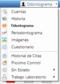 El botón Odontograma en la barra azul, arriba a la derecha, con su lista desplegada: Cuentas, Historia, Odontograma en negrita, Periodontograma, Imágenes, Cuestionario, Historial de Citas, Proximo Control, Sin Estado y Trabajo Laboratorio.