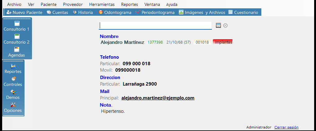 La pantalla principal con un paciente elegido: arriba la barra de menú y la barra Contactos, a la izquierda las barras Agendas y Ventanas, y al centro el cuadro de búsqueda con los datos del paciente debajo.