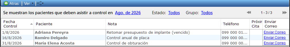 La ventana Próximo Control: arriba la barra con Atras, Ver y el ícono de compartir; debajo el mes elegido y los filtros; y la lista con la fecha del control, el paciente, la nota y el teléfono.