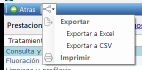 La barra del reporte con el menú del ícono de compartir abierto, mostrando Exportar a Excel, Exportar a CSV e Imprimir.
